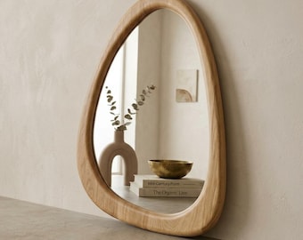Mid Century Modern Asymmetrical Oak Wood Wall Mirror
