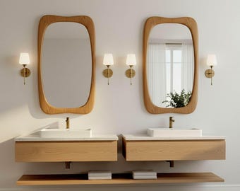 Handmade Chestnut Wood Wall Mirror: Soft Curved Edges, Bathroom Decor