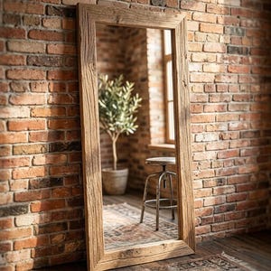 May include: A full-length rectangular mirror with a rustic, weathered wooden frame. The mirror is leaning against a red brick wall. The reflection shows a room with a plant, a stool, and a window.
