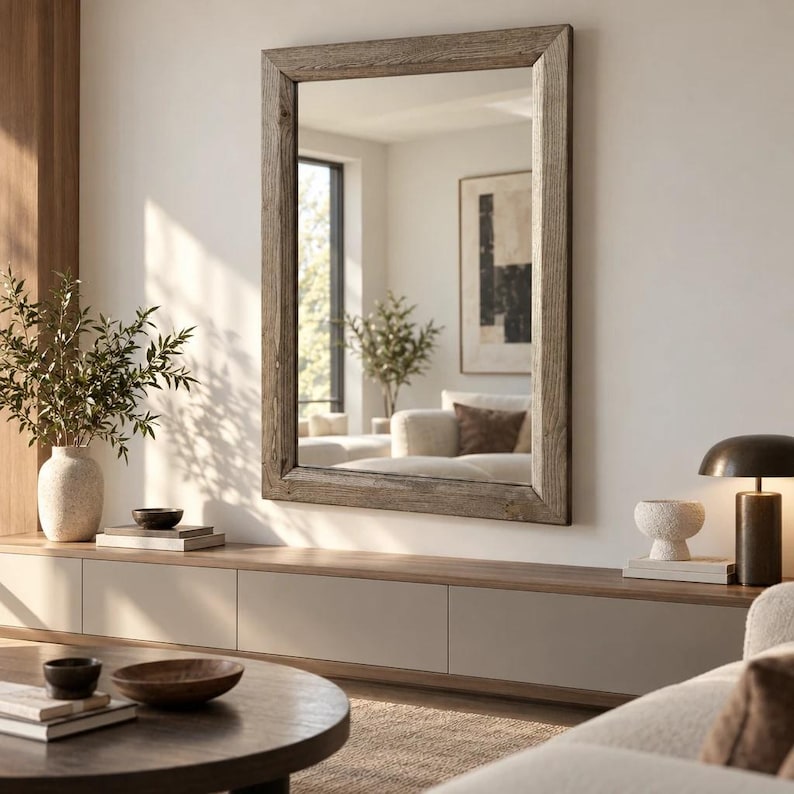 Peut inclure: Un miroir mural rectangulaire dot&eacute; d'un cadre &eacute;pais en bois brun clair patin&eacute;. Le miroir refl&egrave;te l'int&eacute;rieur d'un salon lumineux avec un canap&eacute;, une &oelig;uvre d'art encadr&eacute;e et une fen&ecirc;tre, offrant une profondeur visuelle claire et &eacute;tendue.
