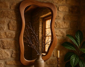 Hand Carved Chestnut Wood Mirror, Rustic Mid Century Modern Decor