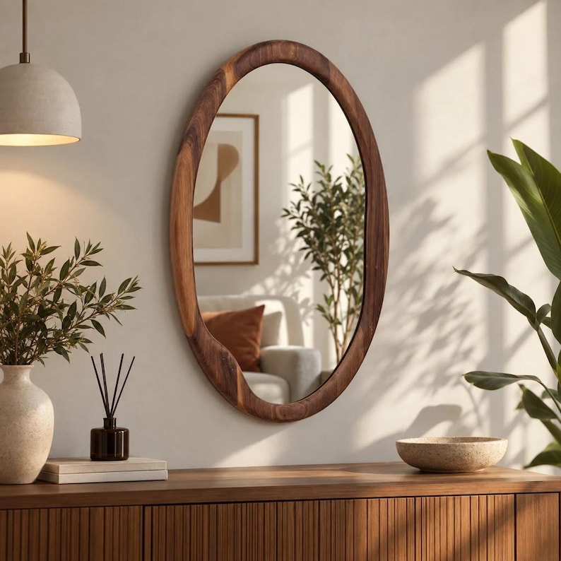May include: An oval wall mirror with a thick, natural dark brown wood frame featuring a visible grain pattern. The mirror reflects a room interior with a sofa, a framed wall art piece, and a tall green plant, showcasing a smooth, polished surface.