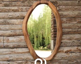 Hand Carved Walnut Wood Mirror. Asymmetric Organic Farmhouse Decor