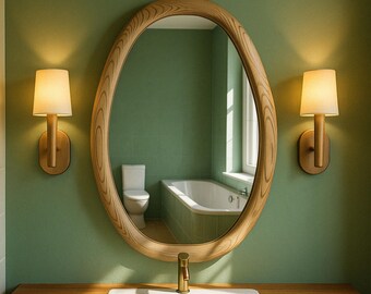 Asymmetrical Oval Wood Framed Mirror, Handmade Chestnut Bathroom Mirror