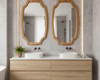 Handmade Asymmetrical Wood Wall Mirror, Mid Century Style