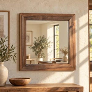 Peut inclure: Un miroir mural carr&eacute; dot&eacute; d'un cadre &eacute;pais en bois brun fonc&eacute; naturel avec des motifs de grain visibles. Le miroir refl&egrave;te un espace int&eacute;rieur avec une plante en pot, une table et une fen&ecirc;tre, fix&eacute; sur un mur textur&eacute; blanc cass&eacute;.