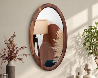 Mid Century Modern Oval Asymmetrical Walnut  Wood Wall Mirror