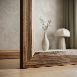Peut inclure: Un miroir rectangulaire dot&eacute; d'un cadre en bois massif &eacute;pais avec un motif de grain brun fonc&eacute; prononc&eacute;. Le cadre est assembl&eacute; avec des coins en onglet, pr&eacute;sentant une finition lisse et polie qui souligne la texture naturelle du bois.