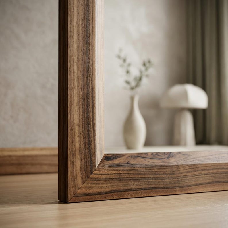 Peut inclure: Un miroir rectangulaire dot&eacute; d'un cadre en bois massif &eacute;pais avec un motif de grain brun fonc&eacute; prononc&eacute;. Le cadre est assembl&eacute; avec des coins en onglet, pr&eacute;sentant une finition lisse et polie qui souligne la texture naturelle du bois.