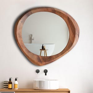 Hand Carved Walnut Wood 3D Mirror: Farmhouse Decor