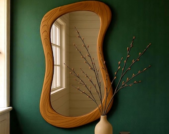 Handmade Chestnut Wood Wavy Mirror, Asymmetric Wall Decor