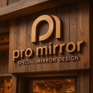 May include: A three-dimensional wooden sign featuring the text pro mirror and SPECIAL MIRROR DESIGN in raised lettering. The sign displays a large stylized arch logo above the text, all mounted on a vertical brown wood plank background.