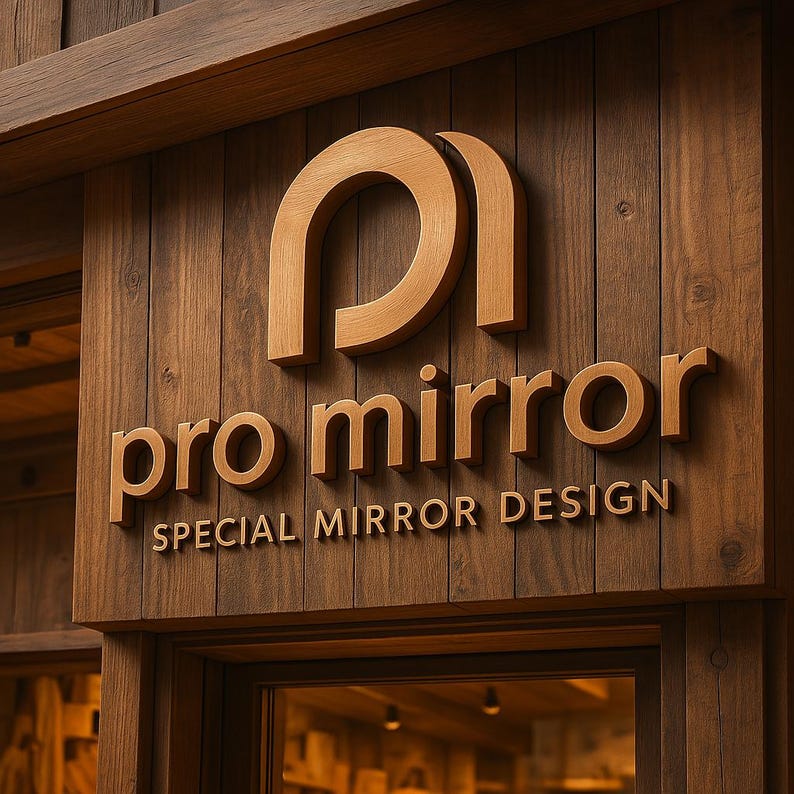 May include: A three-dimensional wooden sign featuring the text pro mirror and SPECIAL MIRROR DESIGN in raised lettering. The sign displays a large stylized arch logo above the text, all mounted on a vertical brown wood plank background.