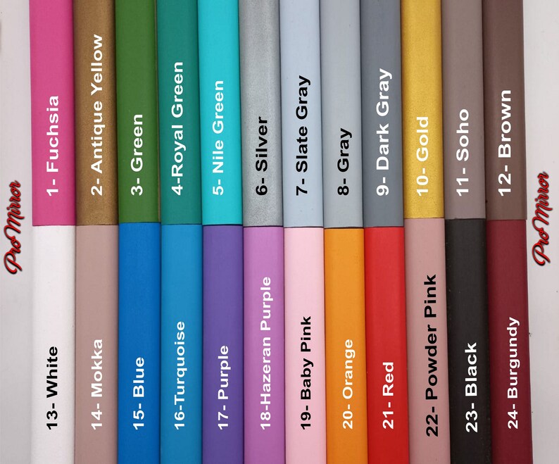 May include: A color chart with 24 different colors, each labeled with a number and a color name. The colors are arranged in two rows of 12 colors each. The colors include fuchsia, antique yellow, green, royal green, nile green, silver, slate gray, gray, dark gray, gold, soho, brown, white, mokka, blue, turquoise, purple, hazeran purple, baby pink, orange, red, powder pink, black, and burgundy.