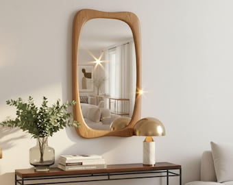 Asymmetrical Chestnut Wood Mirror, Rustic Mid Century Wall Decor