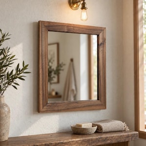 Peut inclure: Un miroir mural rectangulaire avec un cadre en bois brun fonc&eacute;. Le miroir est fix&eacute; sur un mur textur&eacute; blanc cass&eacute; sous une applique murale en laiton avec une ampoule. Le reflet montre l'int&eacute;rieur d'une pi&egrave;ce avec une serviette.