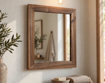 Square Chestnut Wood Mirror, Handmade Wooden Wall Mirror, Solid Wood Frame, Rustic Minimalist Mirror, Natural Grain Home Decor