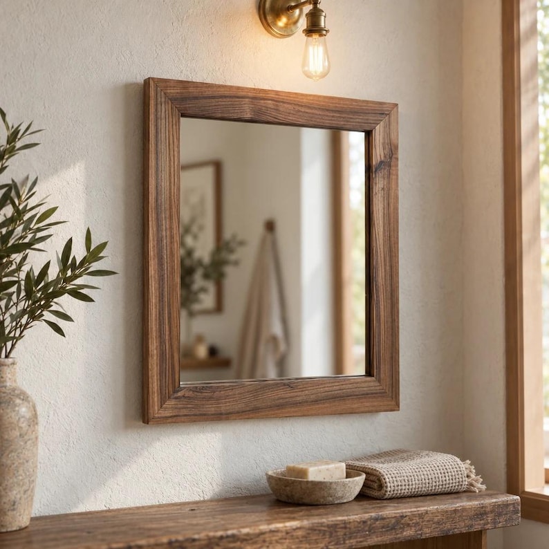 Peut inclure: Un miroir mural rectangulaire avec un cadre en bois brun fonc&eacute;. Le miroir est fix&eacute; sur un mur textur&eacute; blanc cass&eacute; sous une applique murale en laiton avec une ampoule. Le reflet montre l'int&eacute;rieur d'une pi&egrave;ce avec une serviette.