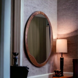 Oval Walnut Mirror, Oval Oak Bathroom Vanity Mirror, Minimalist Mirror, Wall Mirror,