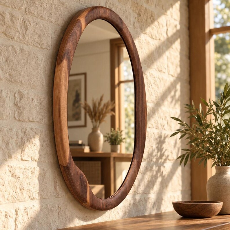 May include: An oval wall mirror featuring a thick, natural wood frame with visible grain patterns. The mirror surface reflects an interior space with a vase of dried plants and a small potted green plant, showcasing a smooth, polished finish.