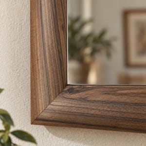 Peut inclure: Un miroir mural rectangulaire dot&eacute; d'un cadre &eacute;pais en bois massif avec un motif de grain brun fonc&eacute; prononc&eacute;. Le cadre pr&eacute;sente un assemblage &agrave; onglet, mettant en valeur la texture naturelle du bois et les tons bruns profonds.