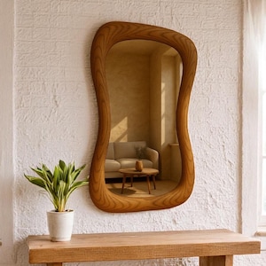 Asymmetrical Wood Frame Mirror, Mirror Home Decor, Irregular Mirror, Large Wood Wall Mirror.