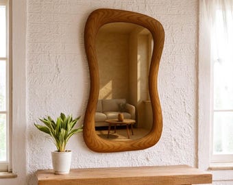 Hand Carved Asymmetrical Chestnut Wood Wall Mirror