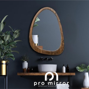 Walnut Wooden Frame Mirror, Bathroom Home Decor Mirror, Asymmetrical Mirror, Irregular Mirror | Bathroom Mirror | Vanity Mirror