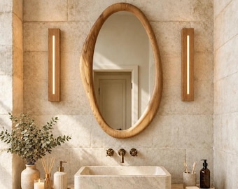 Modern Organic Shape Wood Mirror, Aesthetic 3D Curved Wooden Bathroom Vanity Mirror, Housewarming Gift Rustic Solid Wood Wall Mirror.