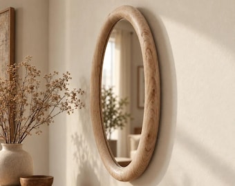 Distressed Oval Chestnut Wood Mirror, Handmade Rustic Wooden Wall Decor