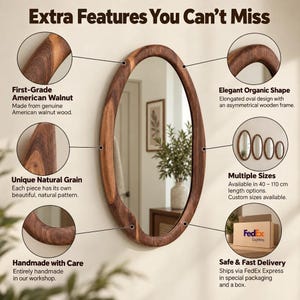 May include: An oval mirror with a dark brown wooden frame featuring visible natural grain patterns. The image includes text labels: Extra Features You Can't Miss, First-Grade American Walnut, Elegant Organic Shape, Unique Natural Grain, Multiple Sizes 40-110 cm, and Handmade with Care.