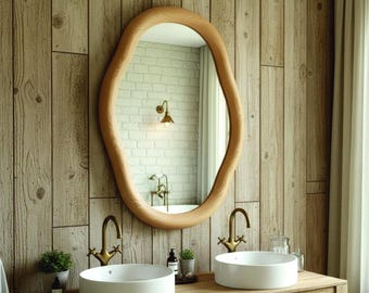 Asymetric Irregular Organic Wall Mirror, Wood Frame Mirror.