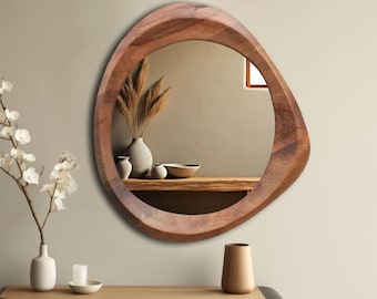 Handcrafted Walnut Wood Round Mirror, Rustic Farmhouse Decor