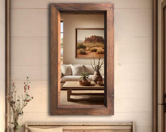 Real Wood Frame Bathroom Mirror, Rectangular Bathroom Wood Mirror, Wooden Framed Mirror, Mid Century Style Mirror,