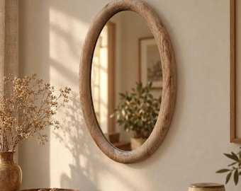 Solid Chestnut Wood Oval Mirror, Distressed Rustic Wall Decor