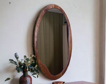 Oval Mid Century Mirror Decor, Organic White Oak or Walnut Mirror,