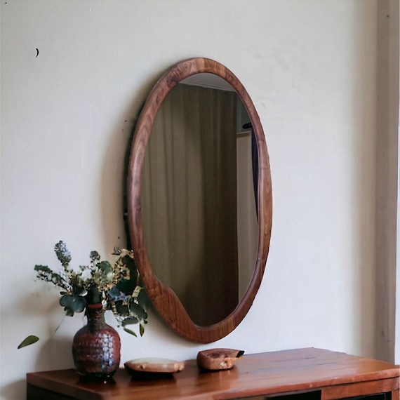 Oval Mid Century Mirror Decor, Organic White Oak or Walnut Mirror,