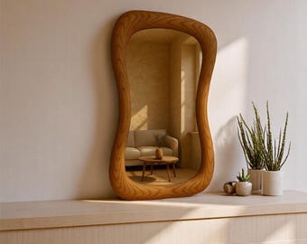 Wood Asymetric Mirror For Wall, Wooden Frame Asymetric Wall Mirror, Chestnut Wood Mirror,