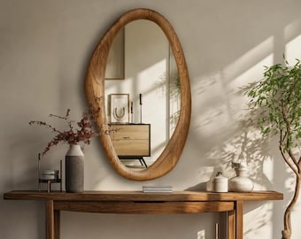 Irregular Wooden Mirror Frame, Handcrafted Solid Chestnut Wall Art Mirror, Unique Shaped Mirror for Living Room, Natural Wood Vanity Mirror