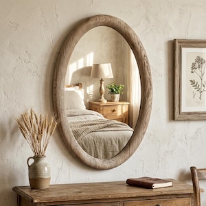 Rustikaler Ovaler Spiegel | Altholz Rahmen | Handmade Distressed Wandspiegel | Landhaus & Boho Dekoration