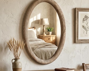 Rustic Oval Mirror | Reclaimed Wood Frame | Handmade Distressed Wall Mirror | Farmhouse & Boho Home Decor