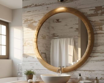 Round Wooden Frame Mirror, Rustic Wall Mirror, Handmade Modern Design, Decorative Accent for Bathroom,