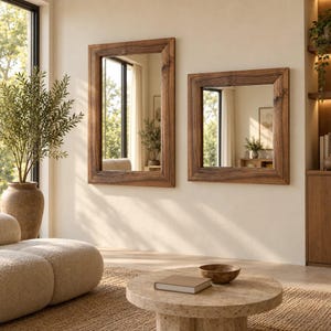 Peut inclure: Deux miroirs muraux rectangulaires avec des cadres en bois &eacute;pais aux tons naturels. L'un est haut et vertical, l'autre est carr&eacute;. Tous deux pr&eacute;sentent des motifs de grain de bois visibles et sont fix&eacute;s sur un mur clair.