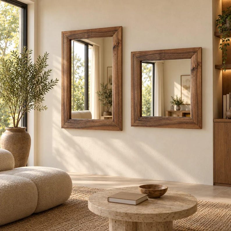 Peut inclure: Deux miroirs muraux rectangulaires avec des cadres en bois &eacute;pais aux tons naturels. L'un est haut et vertical, l'autre est carr&eacute;. Tous deux pr&eacute;sentent des motifs de grain de bois visibles et sont fix&eacute;s sur un mur clair.