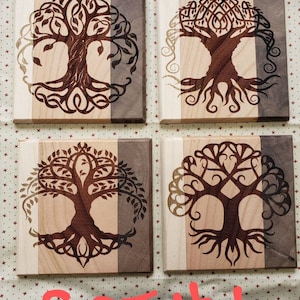 Handmade Hardwood Coaster, Maple and Walnut, Set of 5 Engraved with The Tree of Life on each coaster, 4 coasters With holder