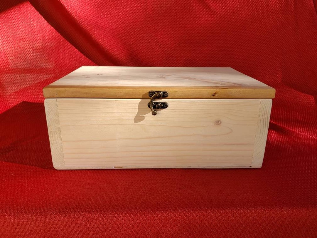 Pine Wood Box With Hinged Lid and Antique Brass Clasp, Pine Wood