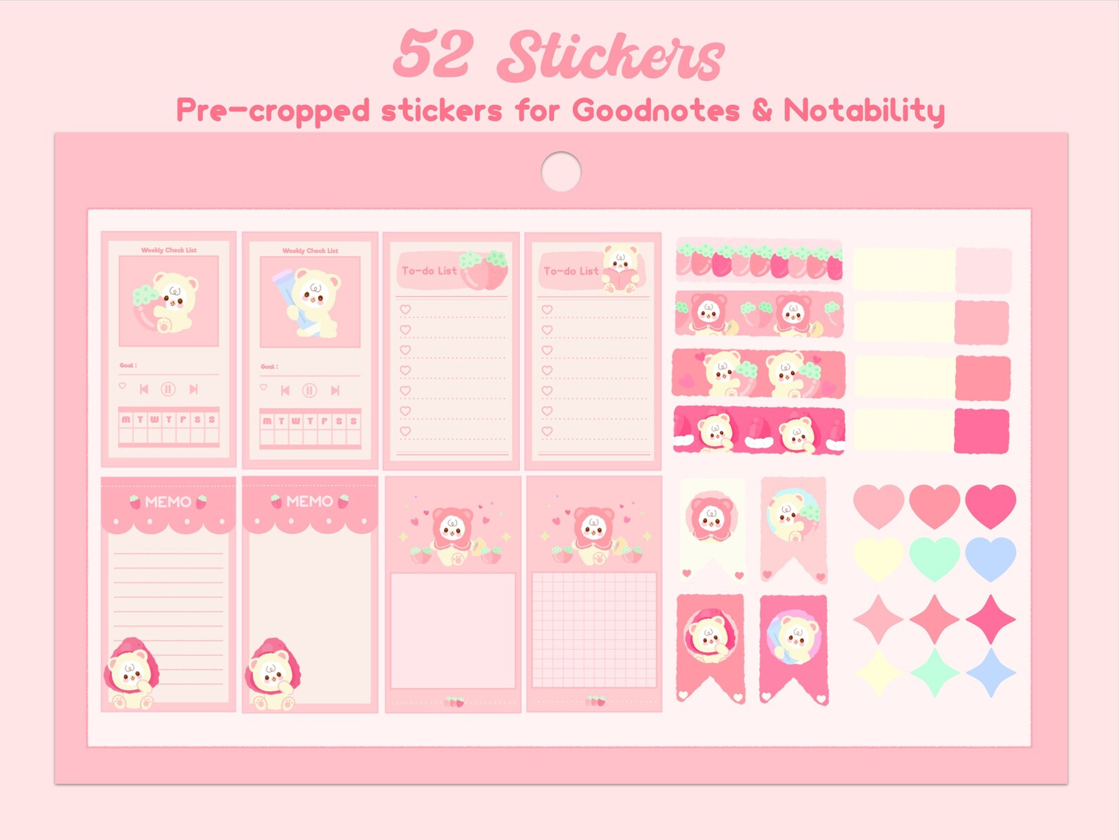 Cute Strawberry Bear Digital Notebook | Kawaii Pink Digital Note ...