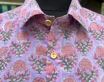 Floral Block Print Cotton Shirt: Bohemian Summer Style, Hand-Block Printed Menswear