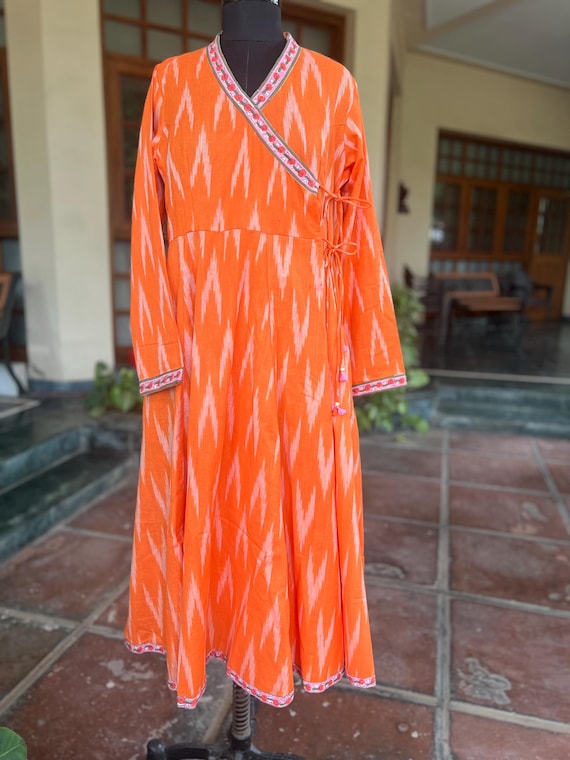 orange and white wrap dress Handwoven Ikat Indian Cotton Wrap Dress: Boho Orange Midi with Block Print