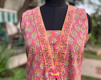 Sleeveless Cotton Block Print Boho Summer Dress: Floral daisy print design , Made in India